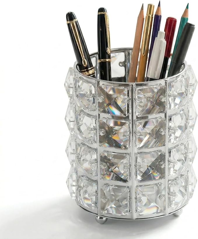 YAGELI Crystal Pen Holder for Desk, 3.58" Gold/Silver Pencil Cup, Elegant Office Desk Accessories for Women, Modern Home Office Decor, Teacher Gift - Compact Vanity Makeup Brush Organizer(Silver)