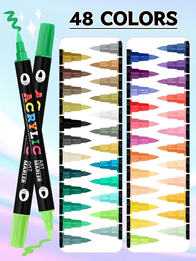 Kalolary 48 Color Nail Art Markers Set, 3D Nail Art Pens Point Nail Graffiti Dotting Pen Quick-Drying Waterproof Double Headed Acrylic Paint Pens Set for DIY Nails Art Design