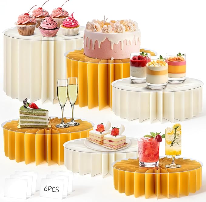 6Pcs Buffet Risers, Food Risers for Table, Foldable Cake Display Stands, Tall Cardboard Cupcakes Stand for Show Catering Desserts Jewelry Wedding Birthday Party Decoration (Yellow White)