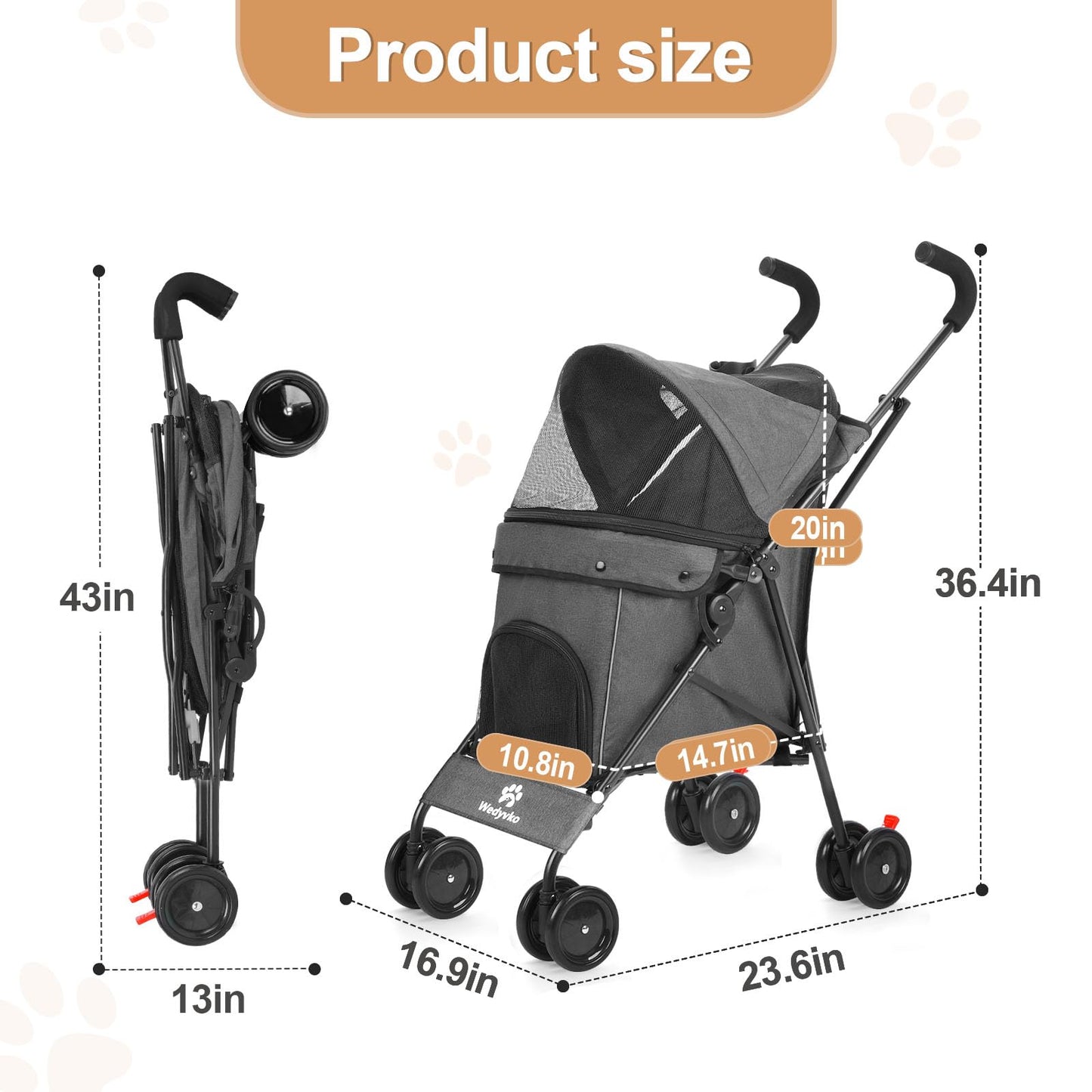 Wedyvko Travel Portable Dog Stroller, Pet Stroller for Small Puppy Dogs & Cats, Up to 33 lbs, Dark Grey