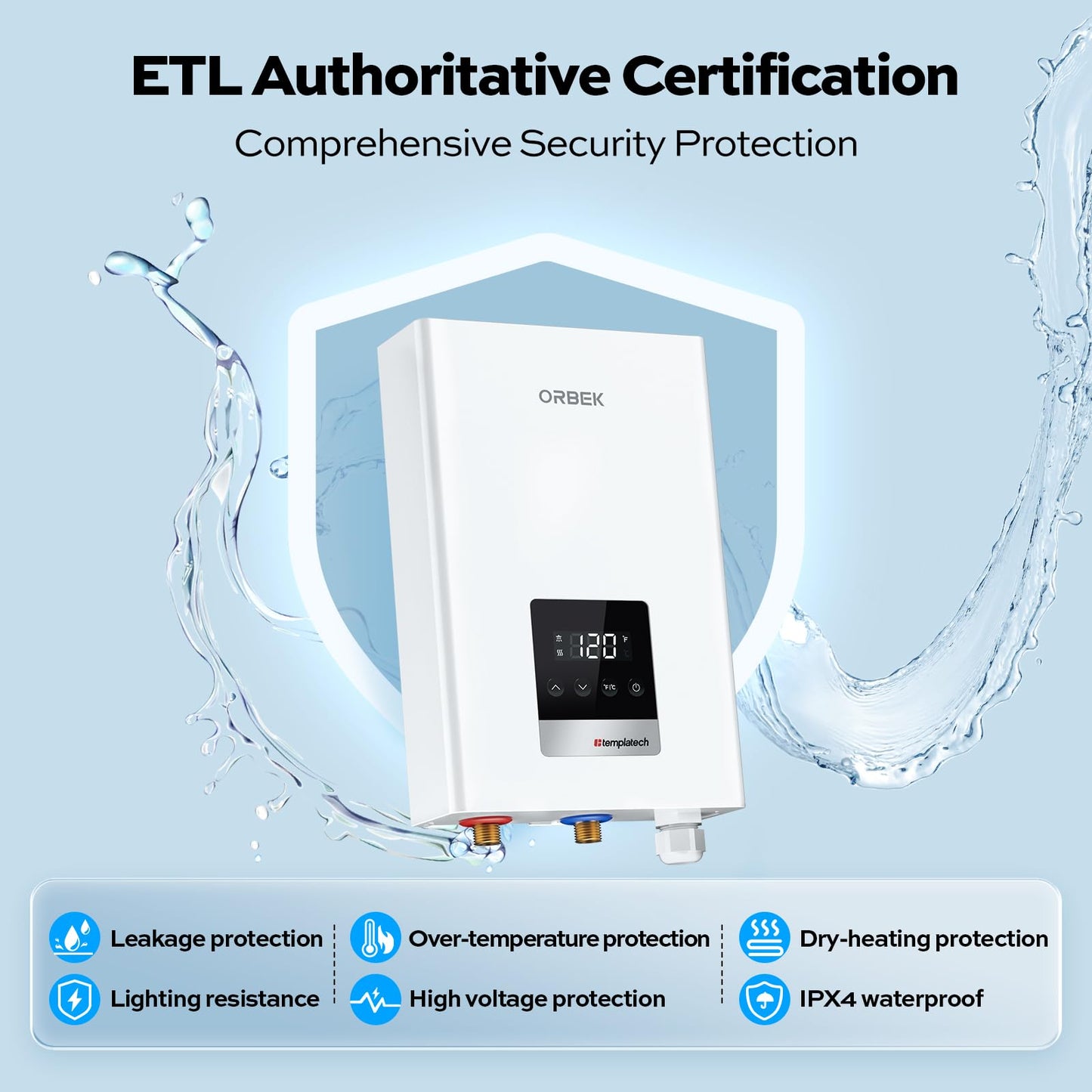 14kW Tankless Water Heater Electric, ORBEK On Demand Instant Hot Water Heater 240V, Max 3.38 GPM, Supply for 1-2 Fixtures, ETL Certified, Indoor Installation, New Upgraded 2.0