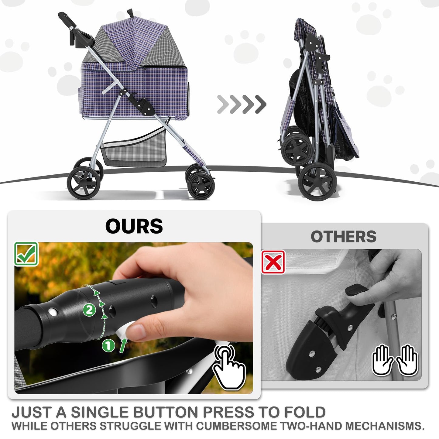 MoNiBloom 3 in 1 Foldable Pet Stroller for Small & Medium Dogs, Detachable Carrier, Car Seat, Push Button Entry, 4-Wheel Jogger for Pets up to 33 lbs, Plaid