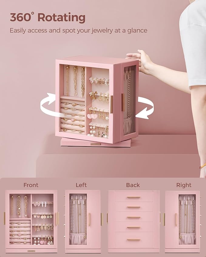 Glimmloop 360ÃÂ° Rotating Jewelry Box with 5 Drawers, Spacious Vertical Jewelry Organizer with Glass Window, Jewelry Storage Case, Dustproof & Moisture-resistant Design, Pink