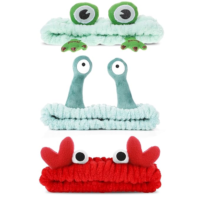 3 Pack Spa Headband Face Wash Hairband Facial Makeup Head Wraps Cartoon Elastic Head Band Cute Frog Snail Crab Shower Headband Creative Hair Accessories for Beauty Skincare Sports