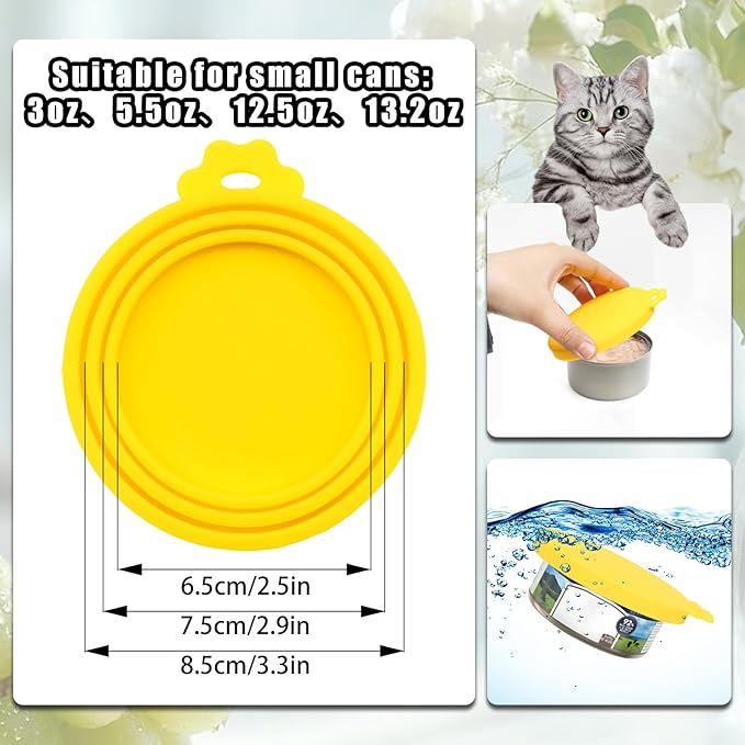 PINE & LINEN 4 Pcs Durable Pet Can Lids,One fit 3 Standard Size Silicone Waterproof Cat Food Cans Lids for 3oz/5.5oz/12.5oz/13.2oz Cat Food Cans（Yellow）