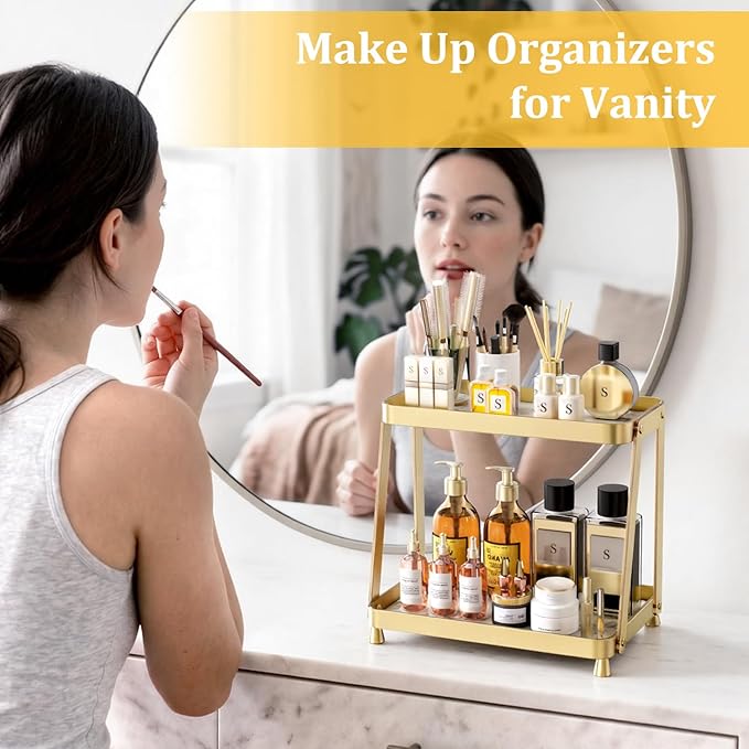 Bathroom Counter Organizer - 2-Tier Acrylic Makeup Organizer Countertop with Marble Tray, Perfume Organizer & Vanity Organizer, Makeup Tray Shelf for Skincare, Cosmetics Display, Gold