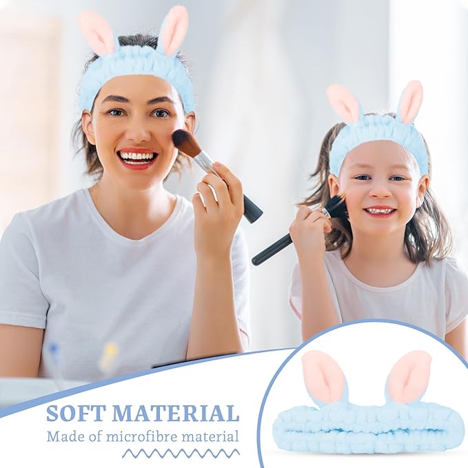 Cute Blue Rabbit Ears Headband Frog Eye Elastic to Wash Face for Women Makeup Shower Spa (1 Pack)
