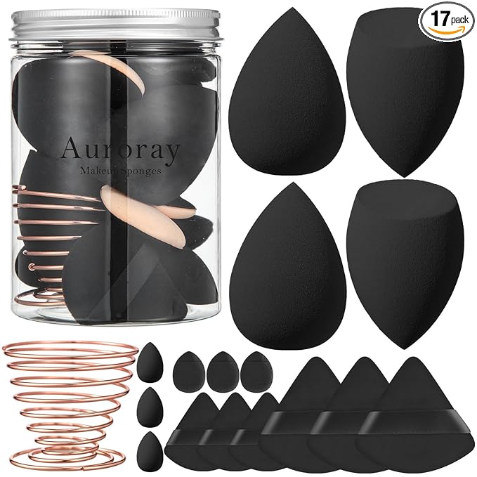 17PCS Makeup Sponge Set with 3PCS Mini Makeup Sponges,1PCS Make Up Sponges Holder,3PCS Foundation Mini Make Up Sponge Puff and 6PCS Powder Puff (Black)