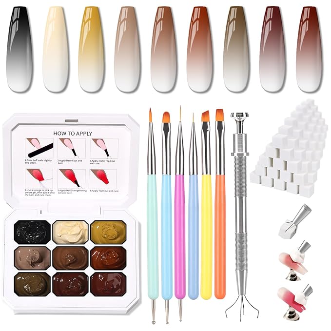Patting Gel Nail Polish Set, 9 Colors Ombre Gel Polish Palette 100pcs Sponges 6pcs Brushes 1 Grabber, Colors Blending Painting Art, No Wipe, UV/LED Cured (Set 02)