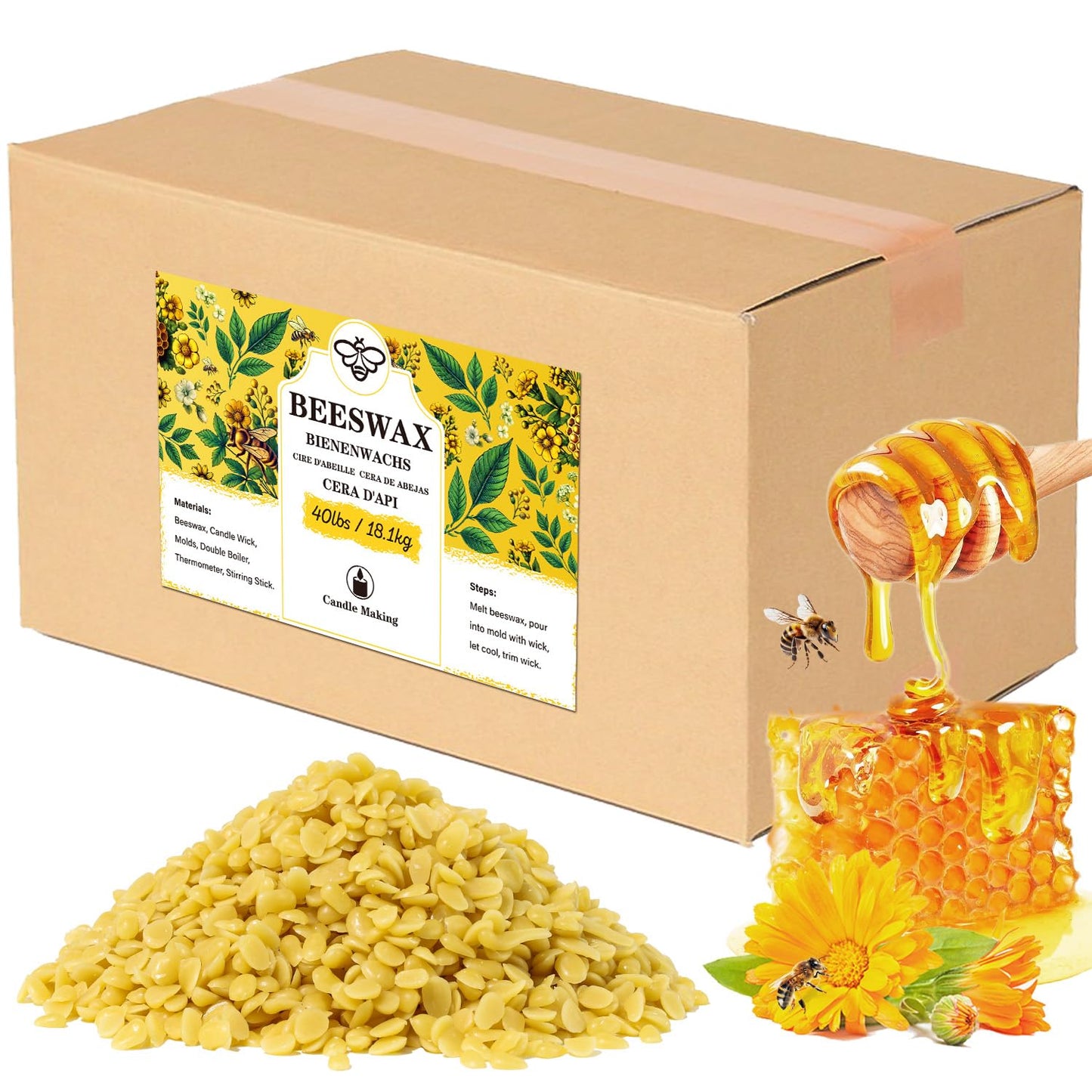Beeswax pellets 40LB, VEGISHINE Pure Beeswax for Skin, Natural Yellow Beeswax for Candle Making, DIY Skin Care, Lip Balm, Polishing, Lotion, Soap, Candle Making Supplies