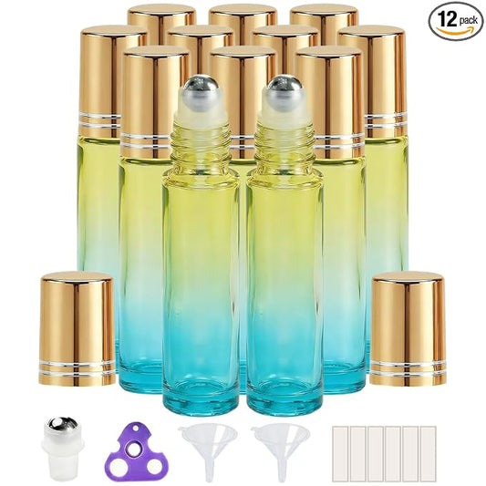 PrettyCare 12 Pack, 10 ml Essential Oil Roller Bottles with Stainless Steel Roller Ball - Refillable Leak-proof Empty Thick Blue& Yellow Glass Roll on Bottles with Golden Caps for Travel, Perfume