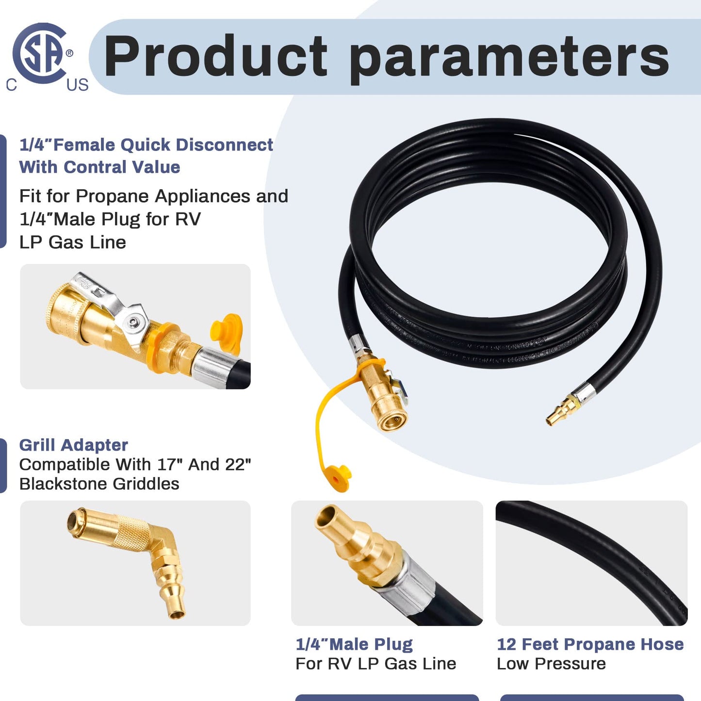 Iococee Upgraded 12FT RV Quick Connect Propane Hose for RV to Grill, Low Pressure Quick Connect Propane Hose with Elbow Adapter for 17" and 22" Blackstone Griddles/Grills
