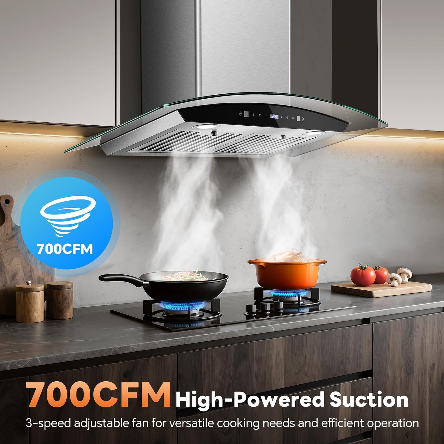 Range Hood 30 Inch, Tieasy Wall Mount Kitchen Hood with Ducted/Ductless Convertible Duct, Stainless Steel Chimney and Baffle Filters, Touch Control Fan Timer, LED Lights, 3 Speed Fan