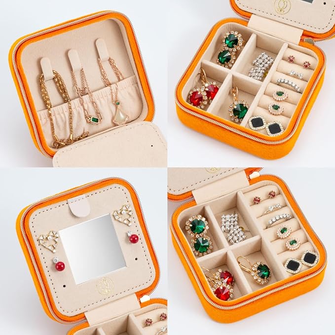 Plush Velvet Travel Jewelry Case, Travel Jewelry Organizer, Jewelry Travel Case, Travel Jewelry Box, Small Jewelry Case, Jewelry Travel Box, Earring Organizer with Mirror - Orange