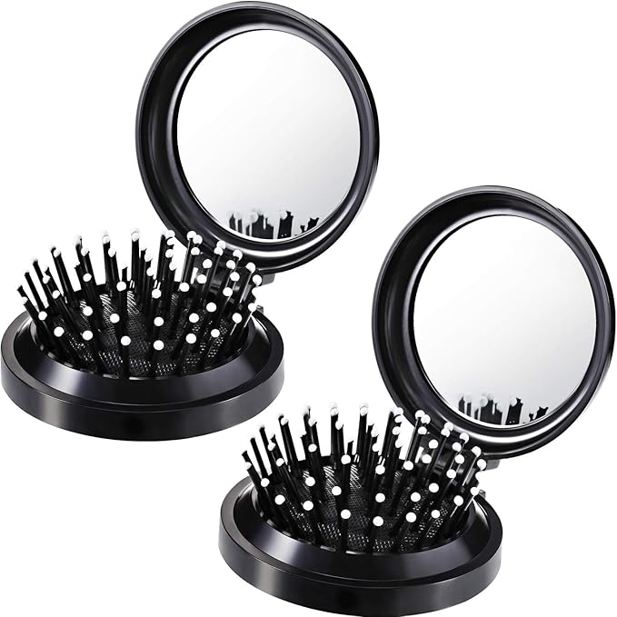 Boao 2 Pack Foldable Travel Mirror Hair Brushes Round Portable Folding Pocket Hair Brush Mini Comb Compact Travel Size Massage Comb for Men Women(Black,Round)