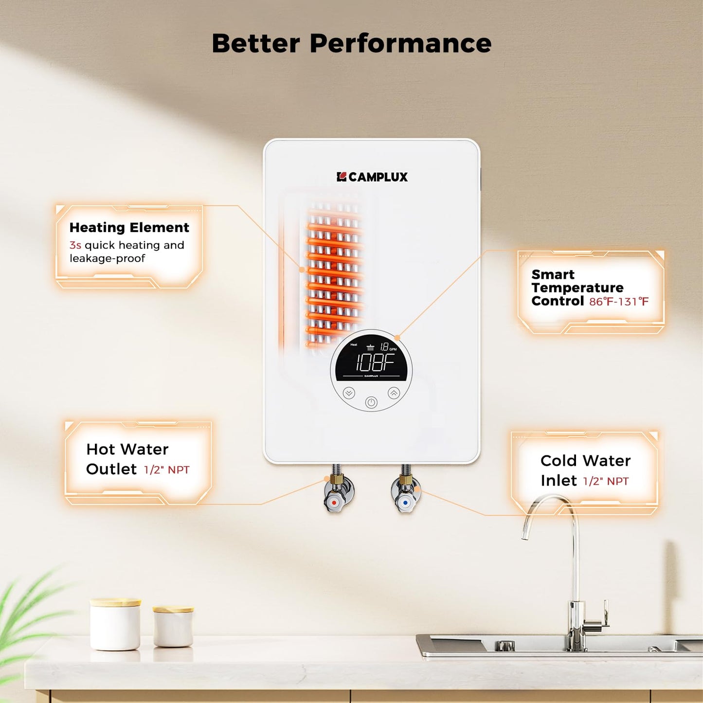 CAMPLUX Tankless Water Heater Electric 120V, 4500W Point of Use Instant Hot Water Heater, Save Space for Sink Wall Mounted LED Digital Display CSA Certified