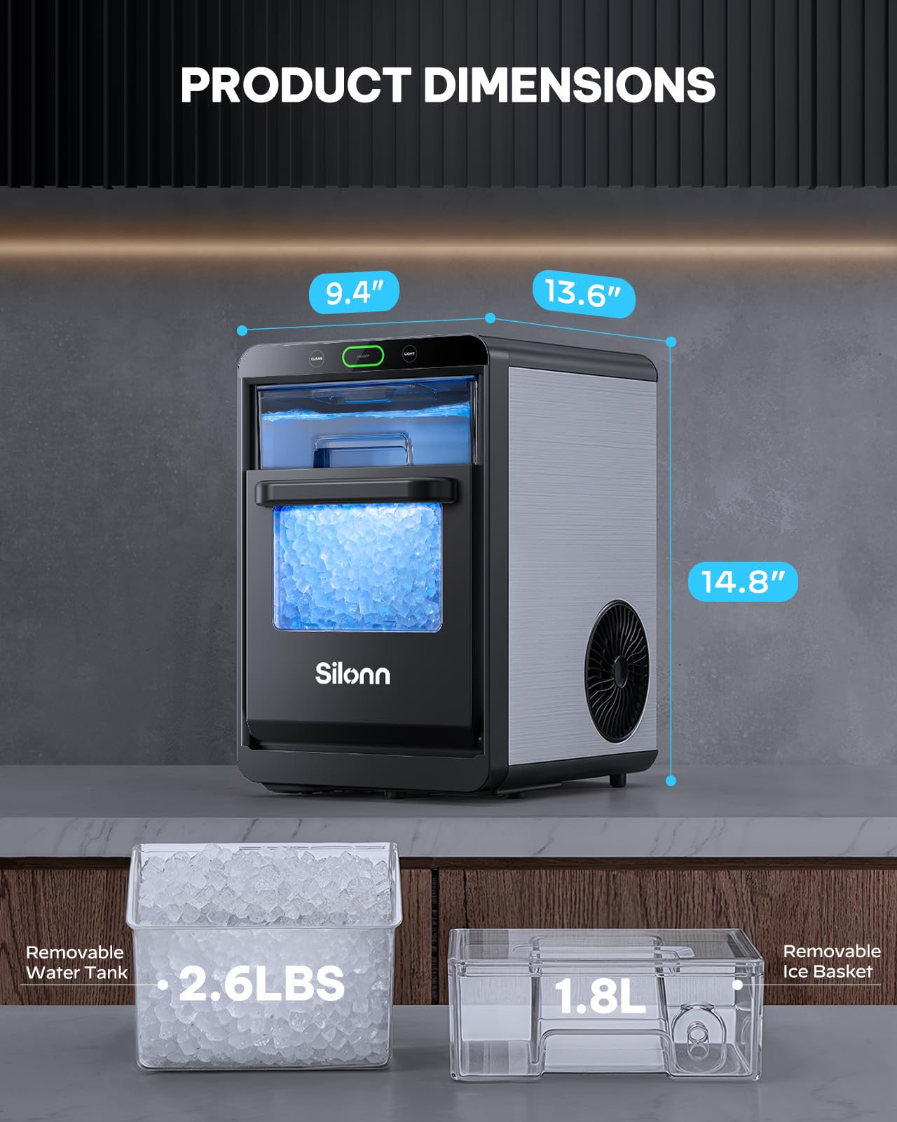 Silonn Nugget Ice Maker Countertop, Crushed Ice Maker & Pebble Ice Machine Produces 44lbs/24h with Front Pull-Out Water Tank & Removable Basket for Home/Kitchen, Stainless Steel
