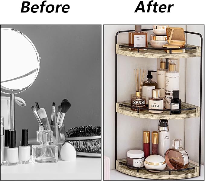 Fixwal Bathroom Counter Organizer, 3 Tier Rustic Bathroom Shelves Corner Organizer, Wood Countertop Storage Tray for Vanity, Kitchen, Bedroom (Light Brown)