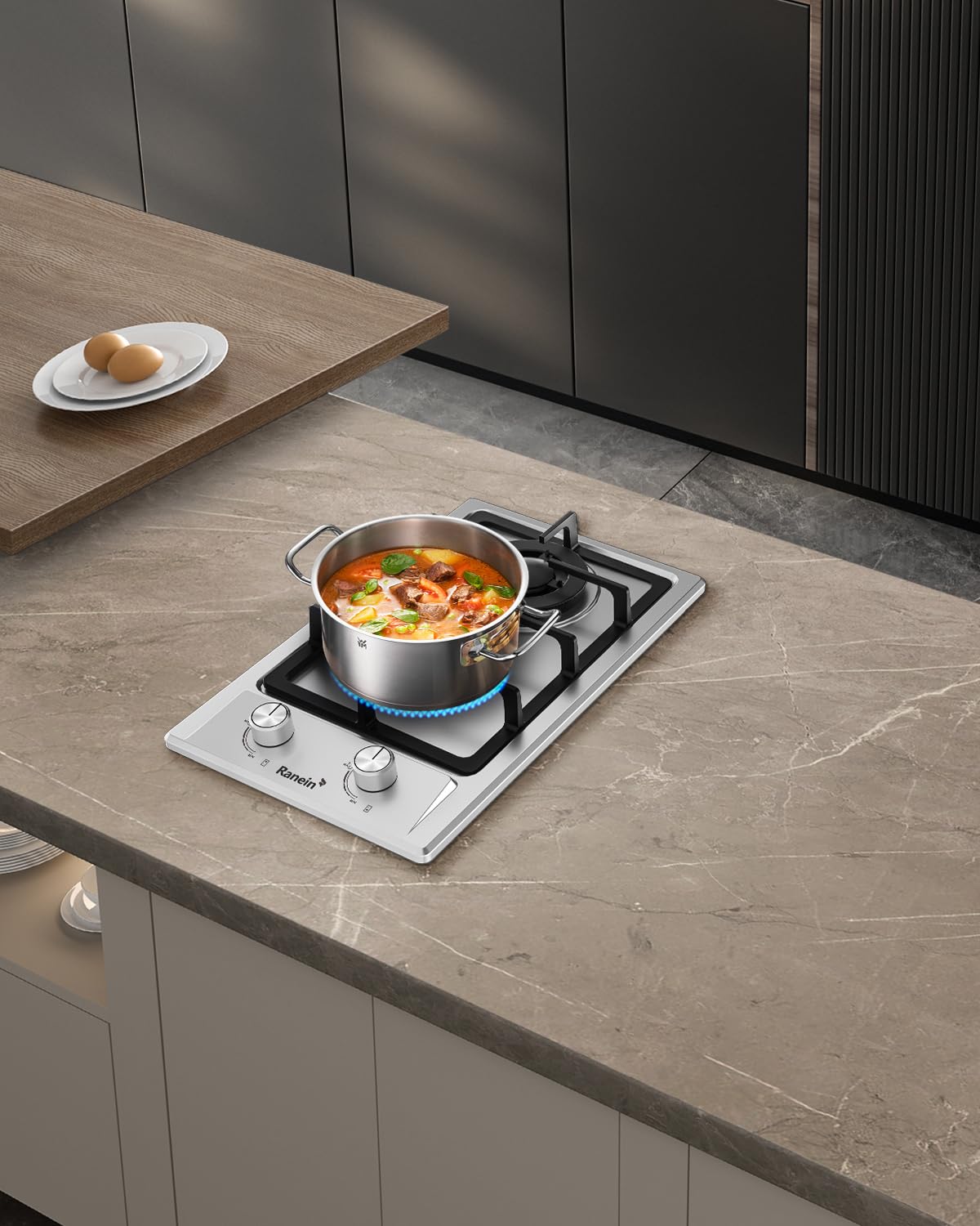 Ranein 12 Inch 2 Burner Gas Cooktop, NG/LPG Convertible Gas Stove Top, 304 Stainless Steel with Thermocouple Flameout Protection for Kitchens, Apartments, RVs