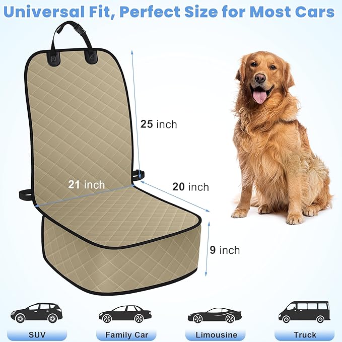 Dog Car Seat Covers, Waterproof Front Seat Cover for Dogs, Scratch-Proof, Nonslip Pet Passenger Seat Cover Protector, Universal Fit for Cars Trucks SUVs, Large Size, Khaki