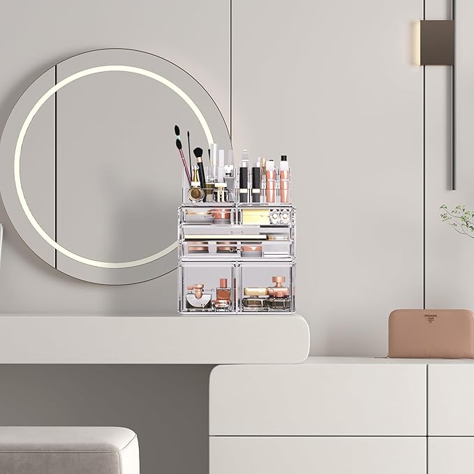 READAEER Makeup Organizer 3 Pieces Cosmetic Storage Case with 6 Drawers (Clear)