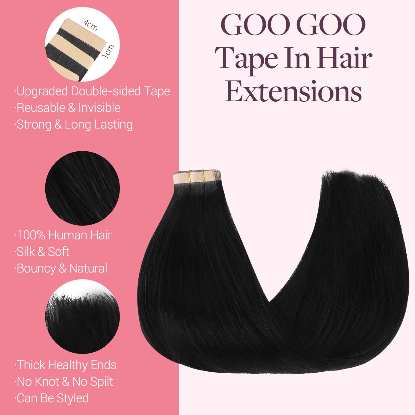 GOO GOO Tape in Hair Extensions Human Hair, 1 Jet black, 20inch 50g 20pcs, Skin Weft Seamless Invisible, Silky Straight with Thick Ends, Remy Human Hair