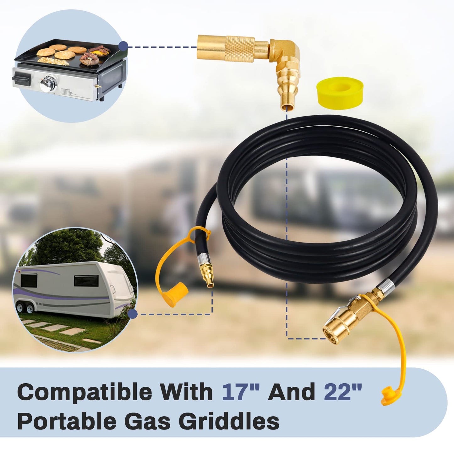 Iococee Upgraded 12FT RV Quick Connect Propane Hose for RV to Grill, Low Pressure Quick Connect Propane Hose with Elbow Adapter for 17" and 22" Blackstone Griddles/Grills