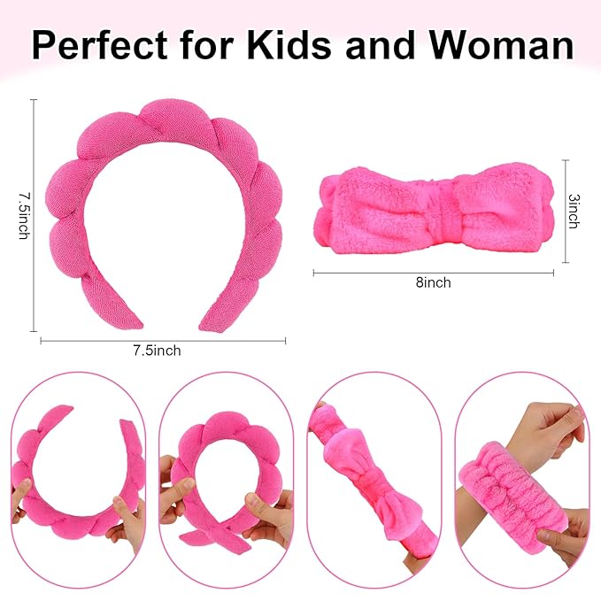 CAVETEE 6 Pack Spa Headband Set - Makeup Headbands with Bows, Face Washing Wristbands for Women and Girls