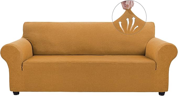 Asnomy Couch Covers for 3 Cushion Couch Stretch Sofa Covers Slipcovers, Pet Protector Furniture Covers for Dogs Cats Spandex Jacquard Fabric Small Checks （X-Large， Golden）