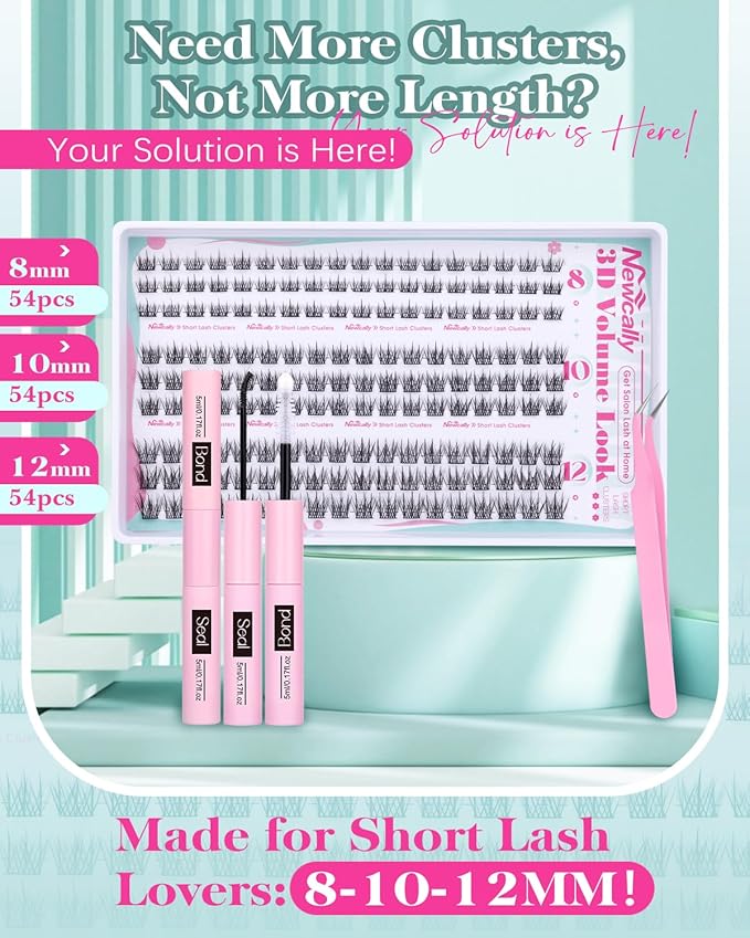Natural Lash Clusters Kit Short 8-12MM Eyelash Clusters Wispy Cluster Eyelash Extensions Lash Extension Kit C-Curly Cluster Lashes Long-lasting Effect by Newcally