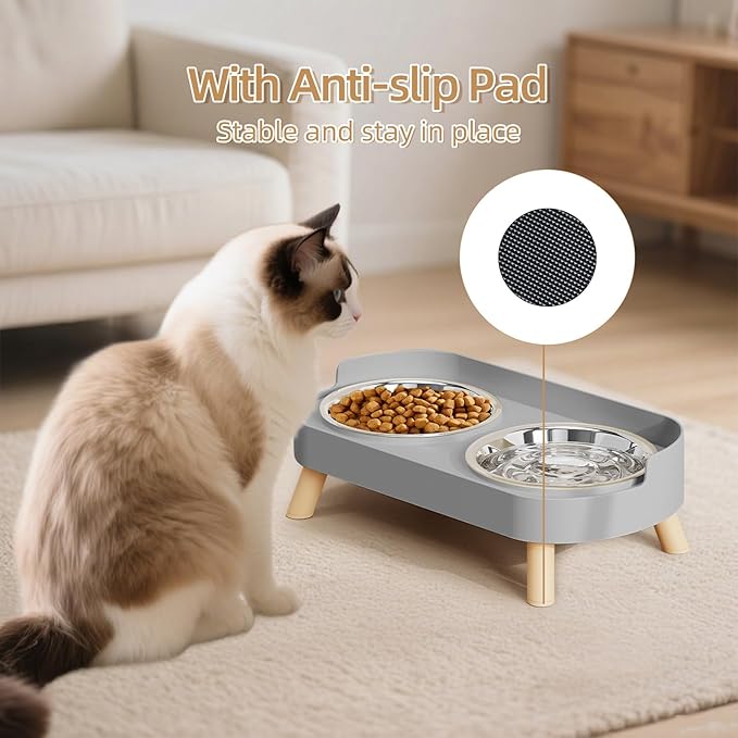 Elevated Cat Bowl, Raised Cat Food and Water Bowl Set for Indoor Cats, Splash Proof with 5 Stainless Steel Pet Food Bowls for Cats and Puppies, Whisker Fatigue and Dishwasher Safe - Grey