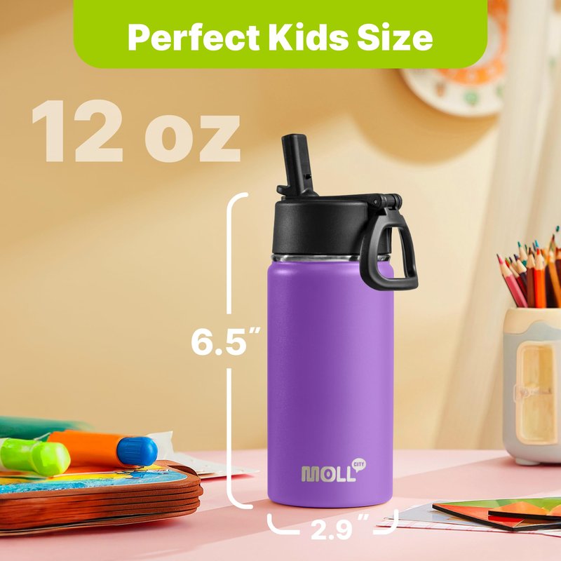Mollcity 12 oz Water Bottle for Kids-Small Insulated Water Bottle with Straw-Stainless Steel Double Wall Vacuum Sports Water Bottles for School (Purple)