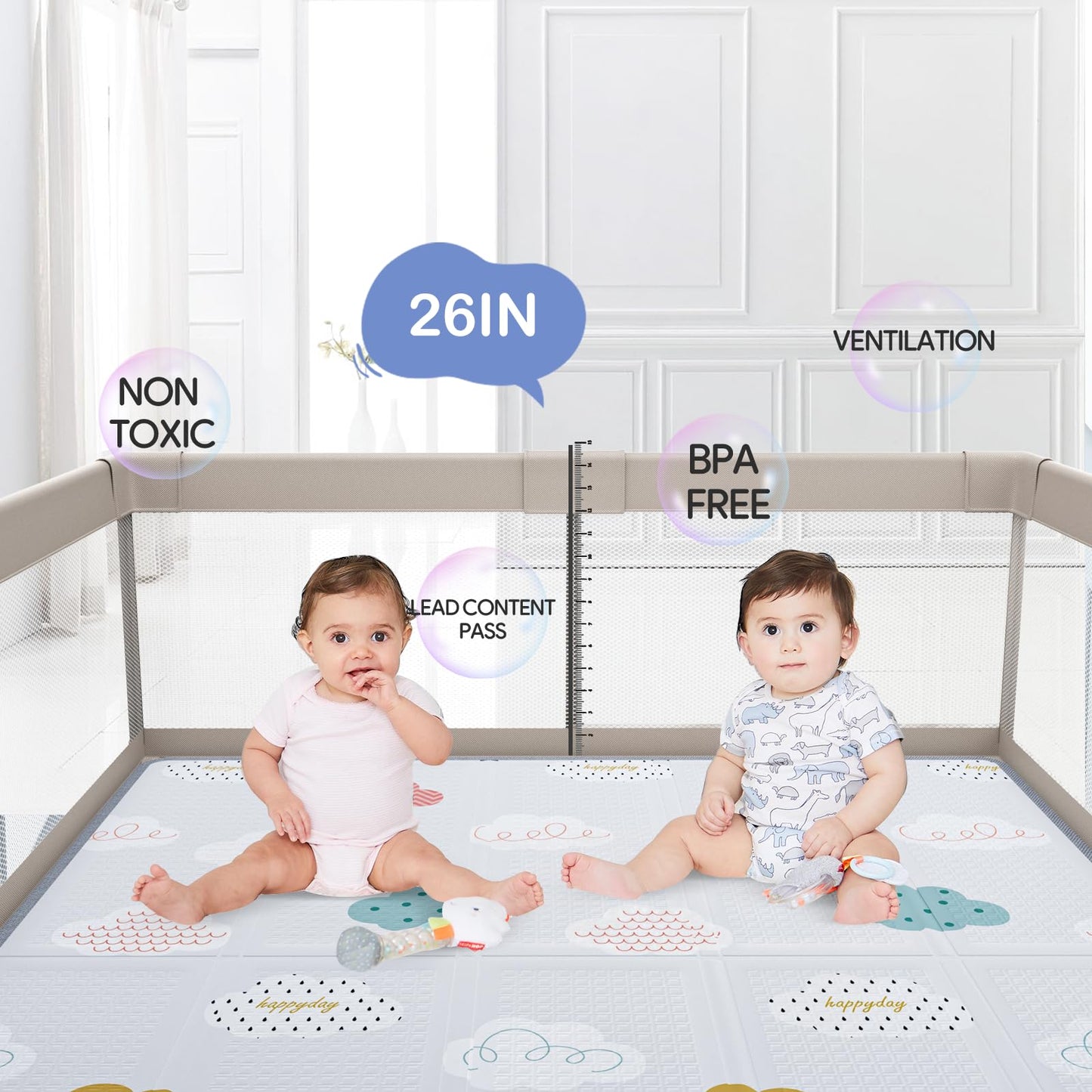 Fodoss Baby Playpen with Mat, 59x59in Playpen for Babies and Toddlers, Kids Play Pen, Extra Large Baby Fence for Infants with Playmates, Toddler Playard