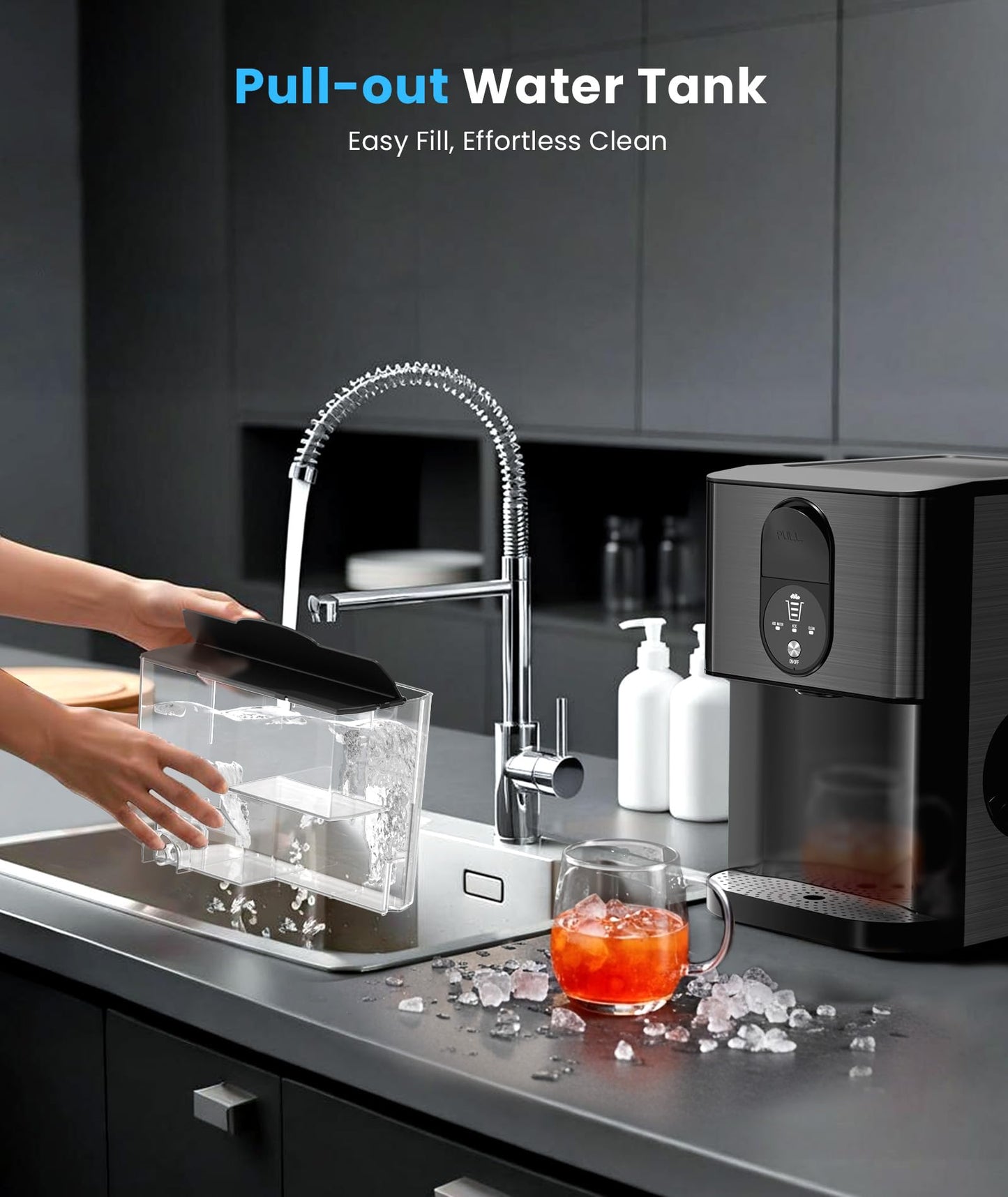 Countertop Nugget Ice Maker, 44lbs/24H Nugget Ice Machine Countertop, Chewable Pellet Ice Maker Machine with Ice Dispenser, 2.4L Water Reservoir, Self-Cleaning, Ideal for Kitchen/Bar/Office, D-Black