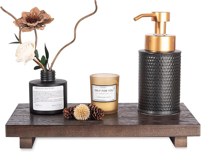 zoocatia Small Wood Tray Pedestal Stand Farmhouse Bathroom Decor Decorative Wooden Riser Kitchen Soap Dish Holder for Vanity, Counter, Sink, Large 11.8" x 7" - Walnut