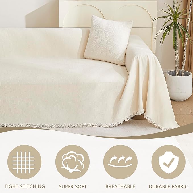 MYSKY HOME Beige Couch Covers Boho Style Chenille for 2 Cushion L-Shape Washable Couch Blanket with Tassel Pet Cushion Cover, 71" X102