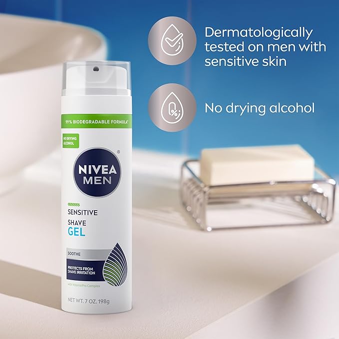 NIVEA MEN Sensitive Shave Gel, Shaving Gel for Men with Sensitive Skin, Enriched with VitaminPro Complex, 7 Oz Can, Pack of 3