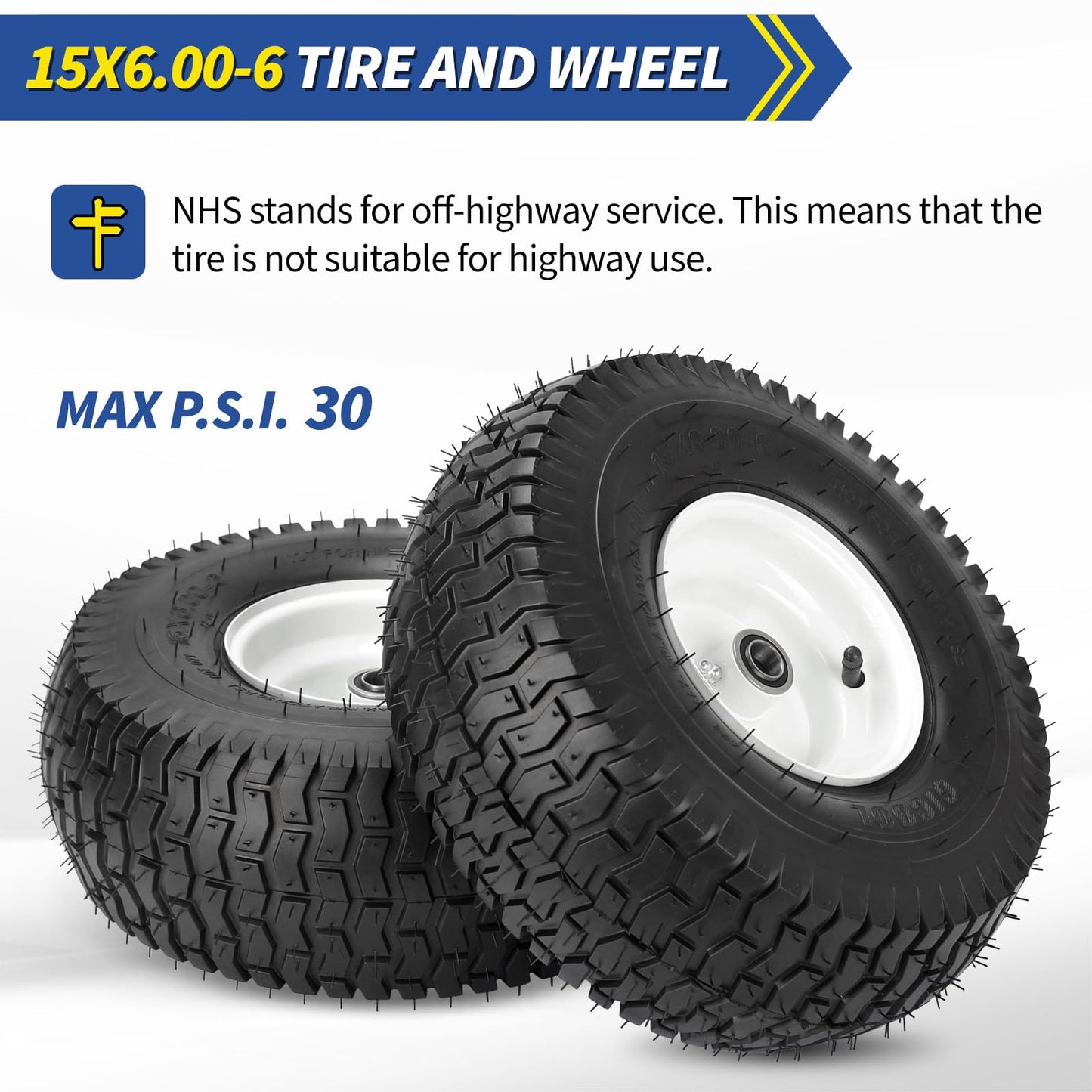 GICOOL 15x6.00-6 Rubber Lawn Mower Tire and Wheel, 2 Pcs Replacement 15x6-6nhs Riding Mowers Lawn Tire and Wheel with Bearing Bore 3/4", 3" Centered Hub