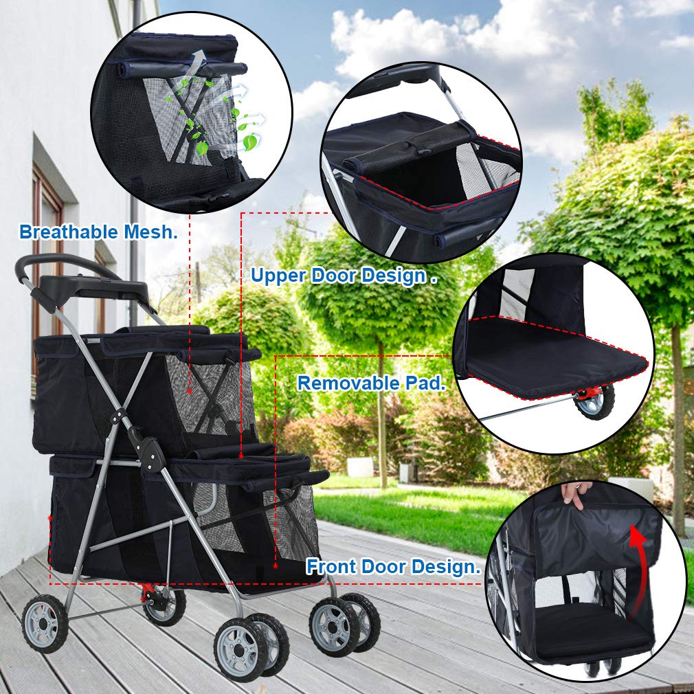 Dog Stroller Cat Pet Carriers for Small Medium Dogs Cats Travel Camping 4 Wheels Lightweight Folding Crate Stroller with Soft Pad (Black)