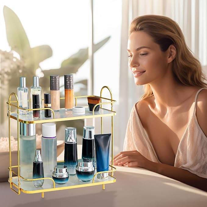 2 Tier Corner Bathroom Counter Organizer, Cosmetic Skincare Organizer, Bathroom Countertop Perfume Tray Vanity Organizer, Kitchen Spice Corner Storage Shelf | Cosmetic Skincare Organizer