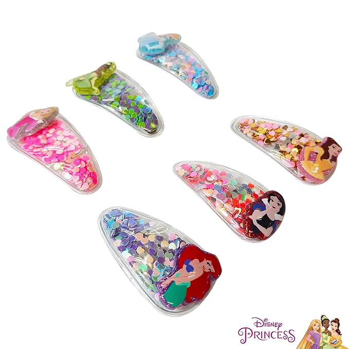 LUV HER Licensed Hair Accessories For Girls, 6pc Cute Hair Clips with Favorite Disney Princess Character Charms, Magical Confetti Hair Clips, Ages 3+