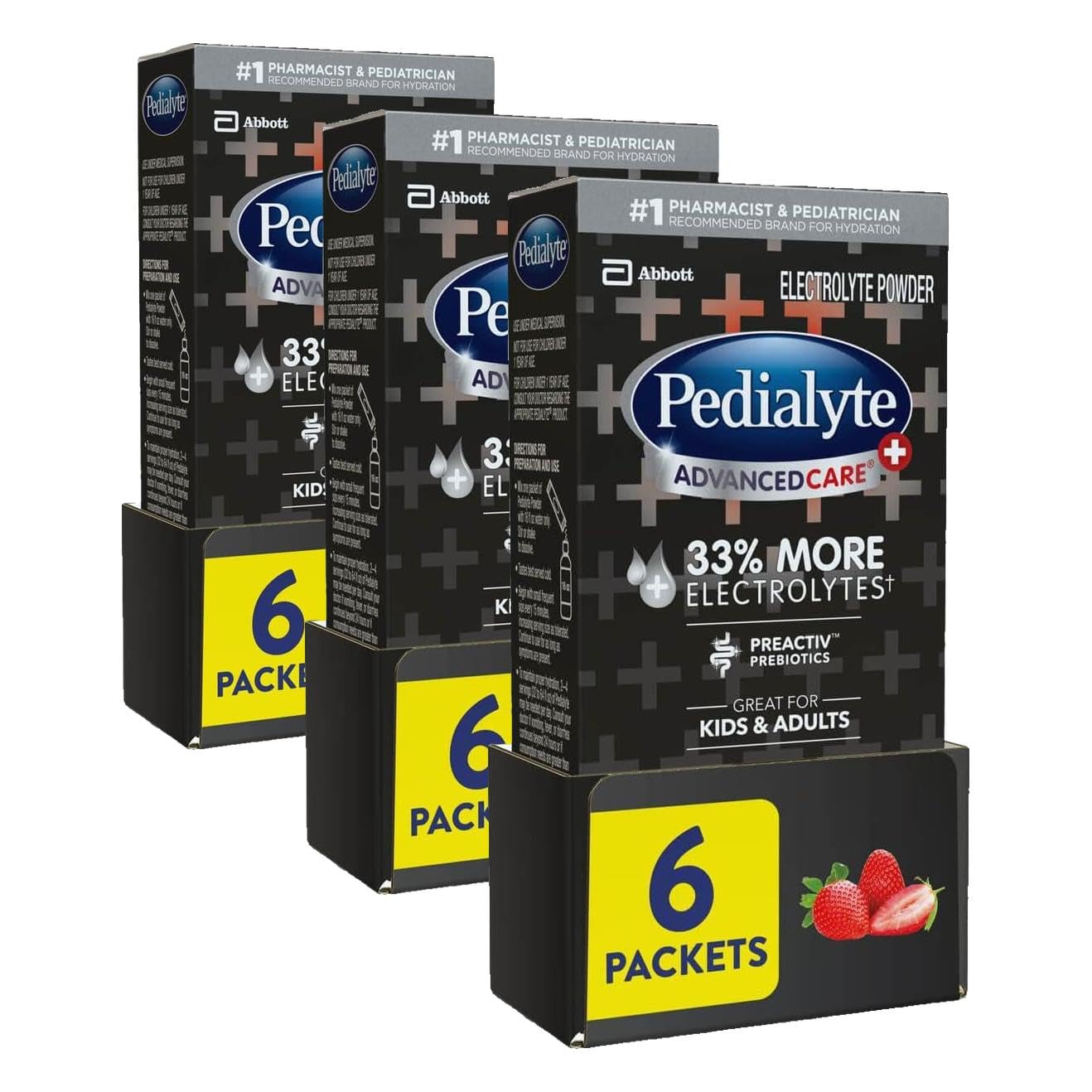 Pedialyte AdvancedCare Plus Electrolyte Powder, Has 33% More Electrolytes and PreActiv Prebiotics, Strawberry Freeze, 6 Powder Packets (Pack of 3)