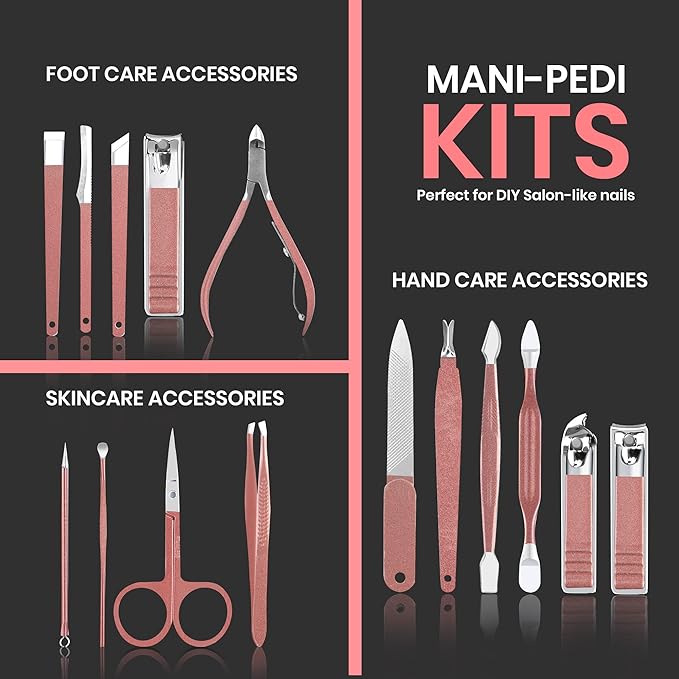 Utopia Care - Manicure Kit for Women and Men, Manicure Set with Nail Clippers or Nail Kit Includes Fingernail & Toenail Clippers,16Pcs Pedicure Kit Stocking Stuffers with Travel Case - Pink