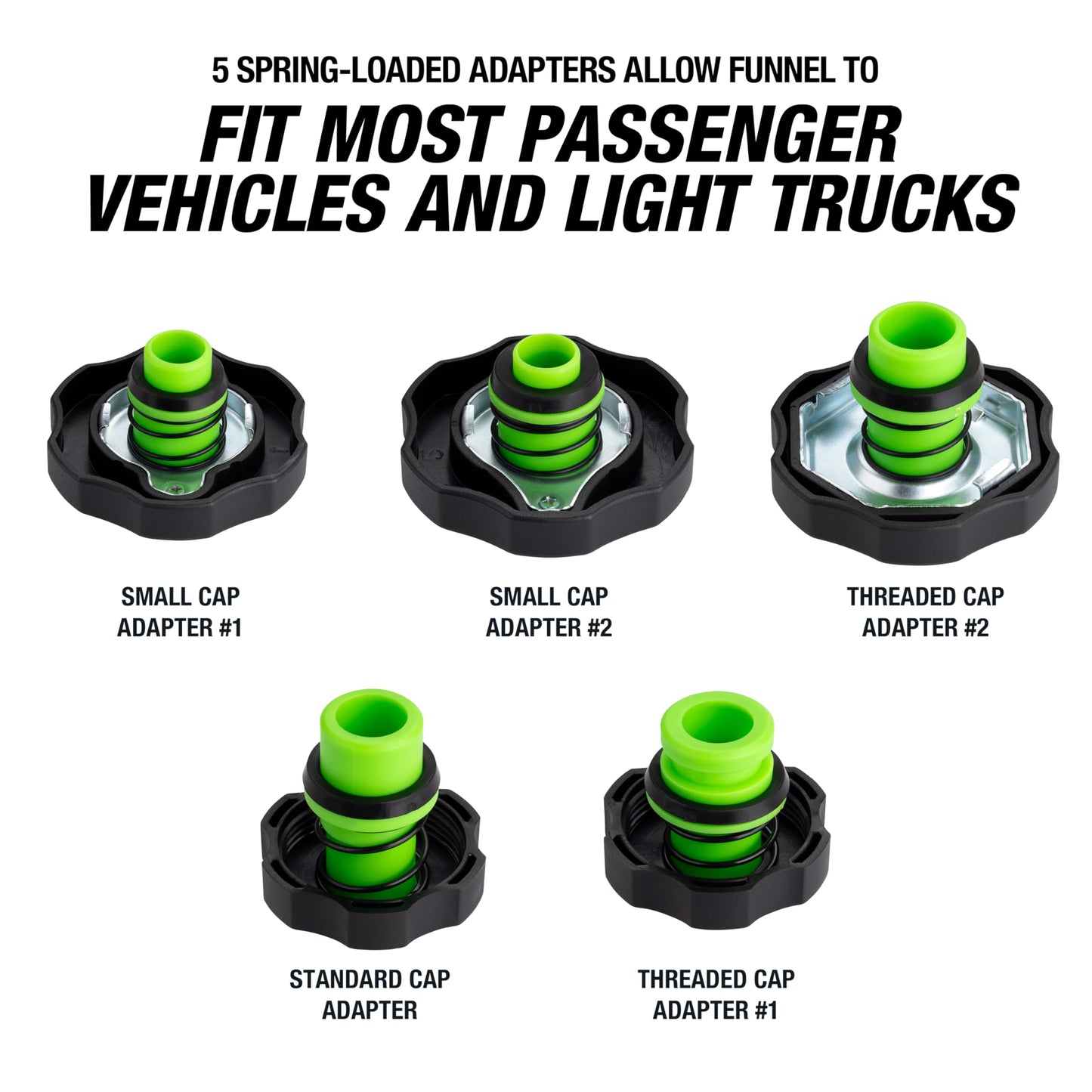 OEMTOOLS 87043 No-Spill Professional Quality Coolant Funnel Kit, Easily Fill Antifreeze Coolant Set Includes 5 Adapters, Extensions, and Automotive Funnel, Air Venting, Drip-Free, Green