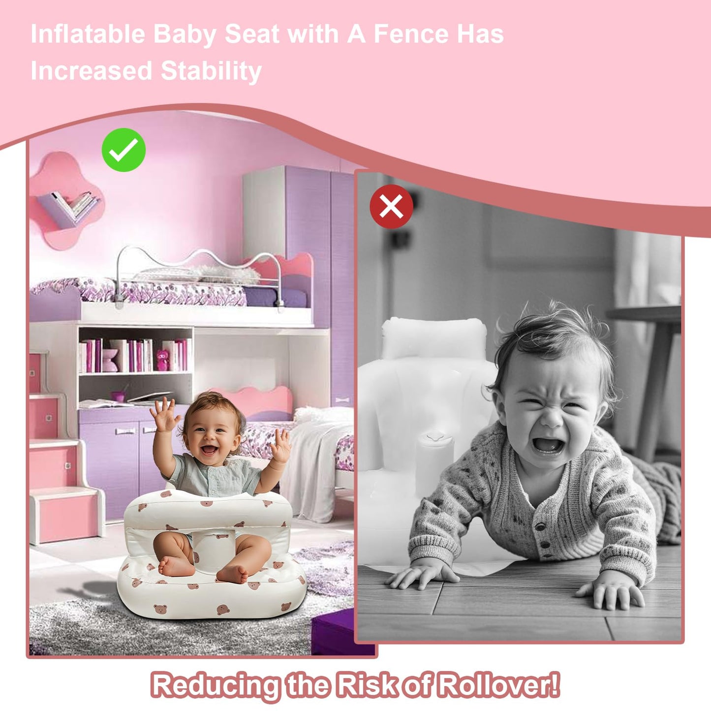 Inflatable Baby Seat for Babies 3-36 Months, Baby Chair with Fence & Built in Air Pump, Blow Up Floor Baby Seat with Back Support, Inflatable Baby Chair Sit Me Up for Home, Travel (Bear)