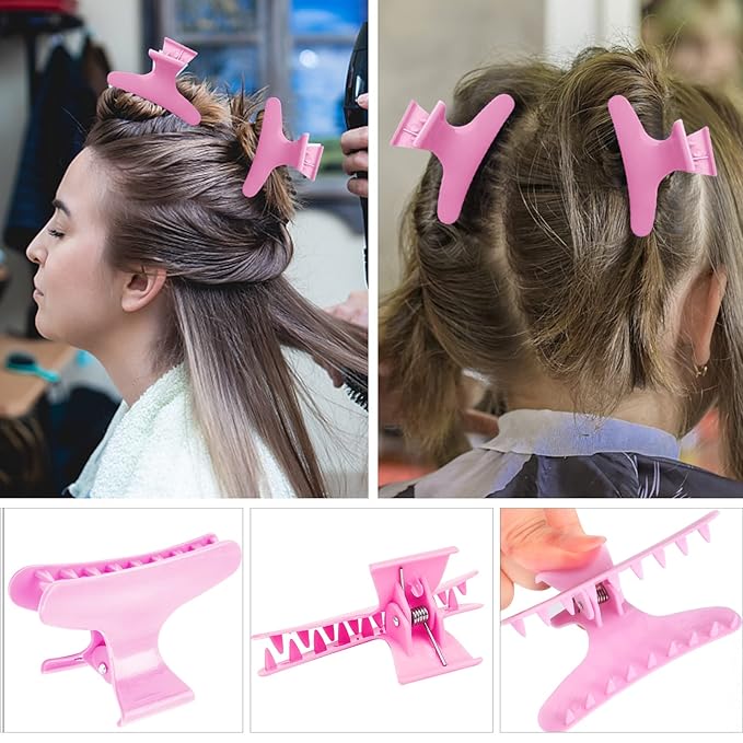 Hair Clips for Styling and Sectioning - 12 Pack Pink Butterfly Clamps for Hair Conditioning, Blow Drying, Cutting, Coloring