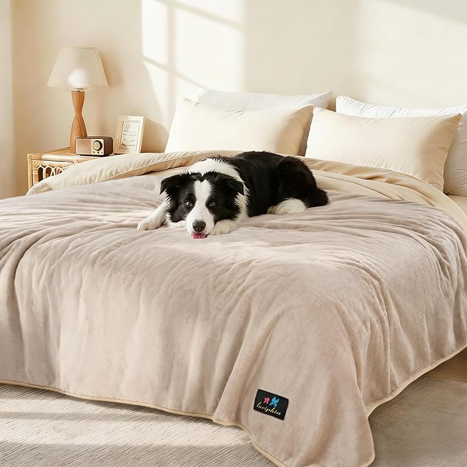 Luciphia Waterproof Pet Blanket, Liquid Pee Proof Dog Blanket for Sofa Bed Couch, Reversible Sherpa Fleece Furniture Protector Cover for Small Medium Large Dogs Cats, Khaki+Beige X-Large（85" x 57"）