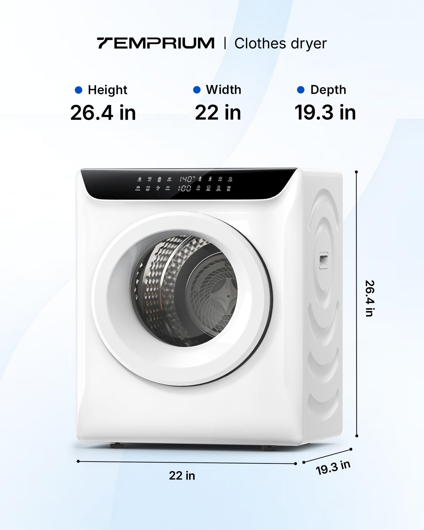 Temprium 3.5 Cu.Ft Portable Dryer for Clothes, 8 Drying Programs, 1400W Clothes Dryer with LED Control Panel, 120V Dryer, Delay Timer, Anti-Crease, Portable Dryers for Laundry, Apartment, Dorms, Home