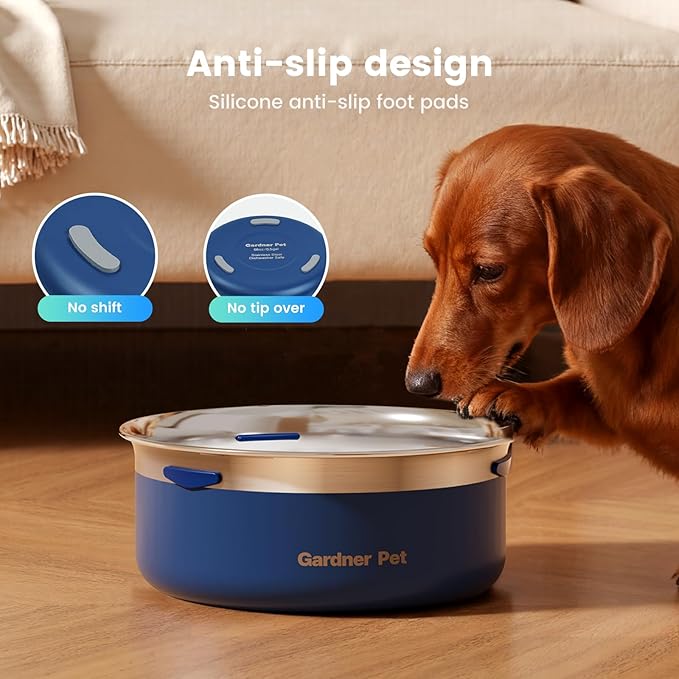 Gardner Pet Slow Water Bowl for Dogs, 2L/68oz Spill-Proof Pet Water Bowl with Floating Disk & Filter Screen, Stainless Steel No-Spill Water Dispenser for Medium Large Pets