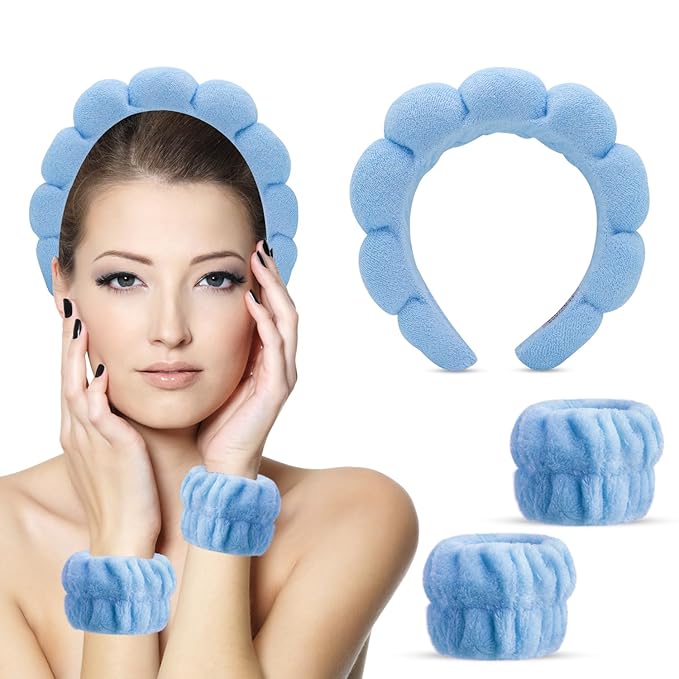 Spa Headbands for Washing Face, Makeup and Skincare. 3 Pc Set of Skin Care Head band with Wristbands. Puffy Terry Cloth, Non Slip Get Ready Hairband for Women, Teens, Girls. Cute Hair Accessories.